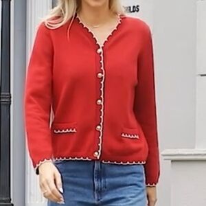 Red Cardigan with Pearl Buttons